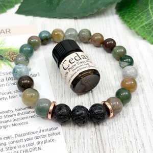 Essential Oil Diffuser Bracelet, Lava Stone Aromatherapy Jewelry, 8mm Indian Agate Gemstone