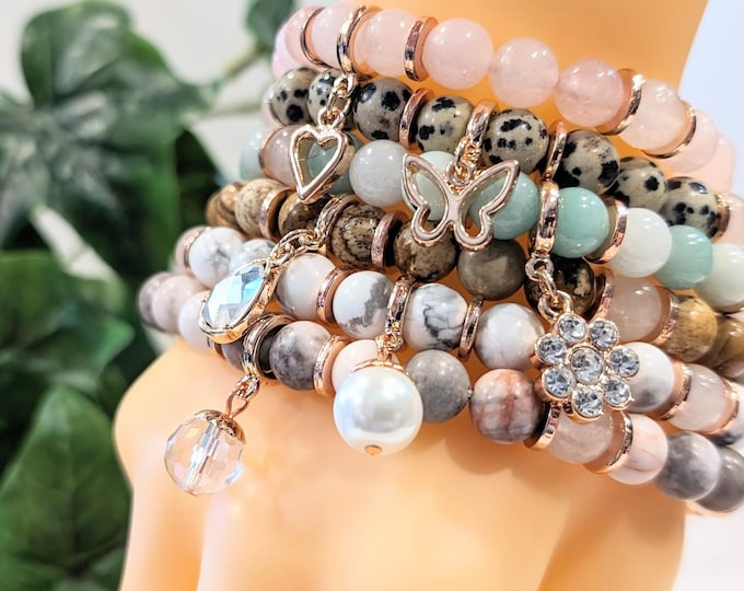 Handmade Gemstone Charm Bracelet in Rose Gold – Rose Quartz, Amazonite, Howlite, Dalmatian Jasper, Pink Zebra Jasper, Picture Jasper