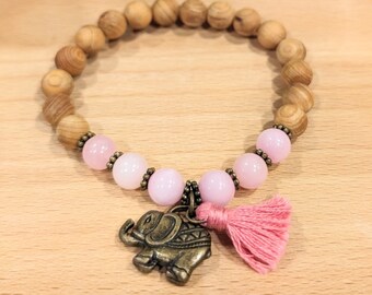 Pink Elephant Charm Bracelet, Handmade Bohemian Beaded Bracelet, Rose Quartz and Sandalwood Gemstone Jewelry