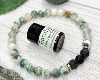 Agate Essential Oil Diffuser Bracelet, Handmade Aromatherapy Jewelry, 6mm Green Beaded Gemstone
