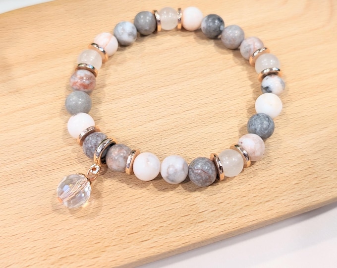 Pink Zebra Jasper Charm Bracelet — Rose Gold & Crystal Beaded Jewelry