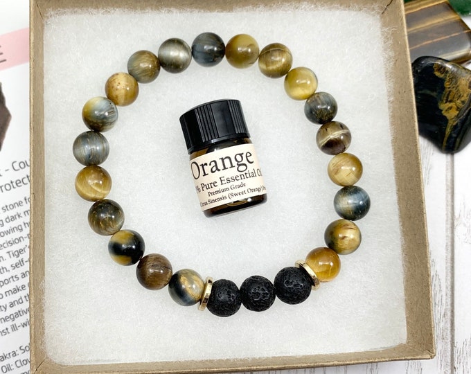 Dream Tiger's Eye Oil Diffuser Bracelet, Lava Stone Diffuser, Aromatherapy Jewelry (8mm)