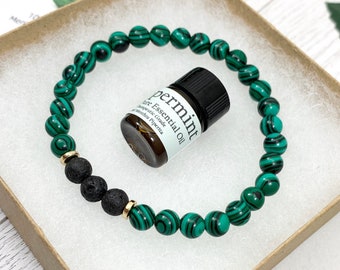 Malachite Essential Oil Diffuser Bracelet, Handmade Green Beaded Gemstone Aromatherapy Jewelry