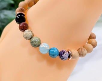 Handmade Rainbow Jasper Beaded Bracelet with Hematite, Sandalwood or Howlite