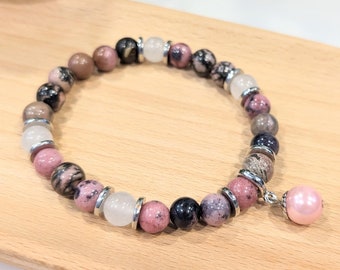 Custom Charm Bracelet, Silver Gemstone Jewelry, Pink Rhodonite and Clear Quartz, Pearl or Crystal