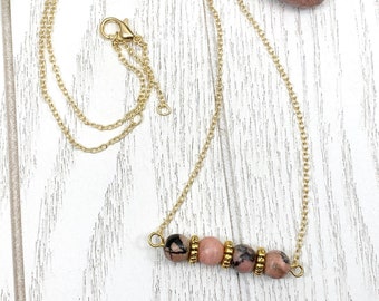 Pink Rhodonite Necklace, Gold Gemstone Jewelry, 18-20" Dainty and Delicate