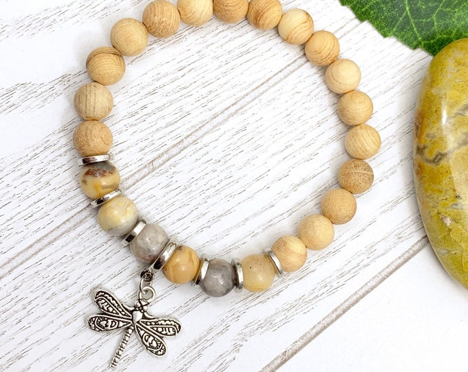 Yellow Crazy Lace Agate Uplifting Dragonfly Miscarriage Bracelet, Pregnancy Loss & Grief Gift, Sandalwood Miscarriage Jewelry