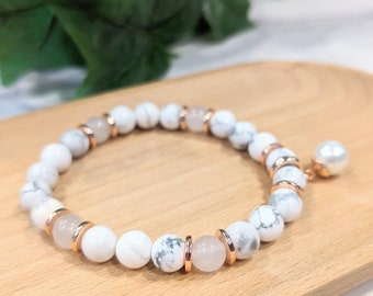Custom Rose Gold Charm Bracelet with White Howlite & Clear Quartz