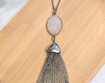 Pink Rose Quartz Tassel Necklace, 18-20" Silver Gemstone Boho Jewelry
