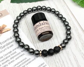 Hematite Essential Oil Diffuser Bracelet, Handmade Beaded Gemstone Aromatherapy Jewelry