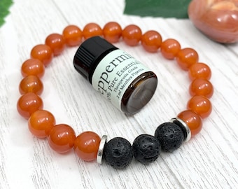 Carnelian Essential Oil Diffuser Bracelet, Handmade Orange Beaded Gemstone Aromatherapy Jewelry