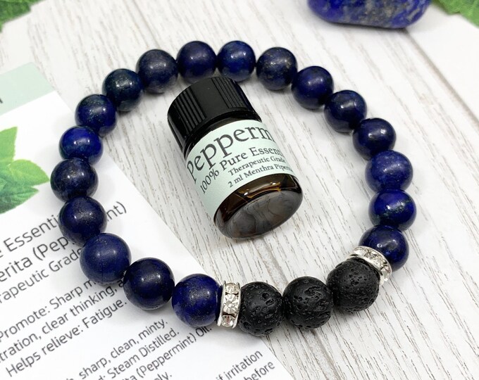 Blue Lapis Lazuli Oil Diffuser Bracelet, Lava Stone Diffuser, Aromatherapy Jewelry (8mm)