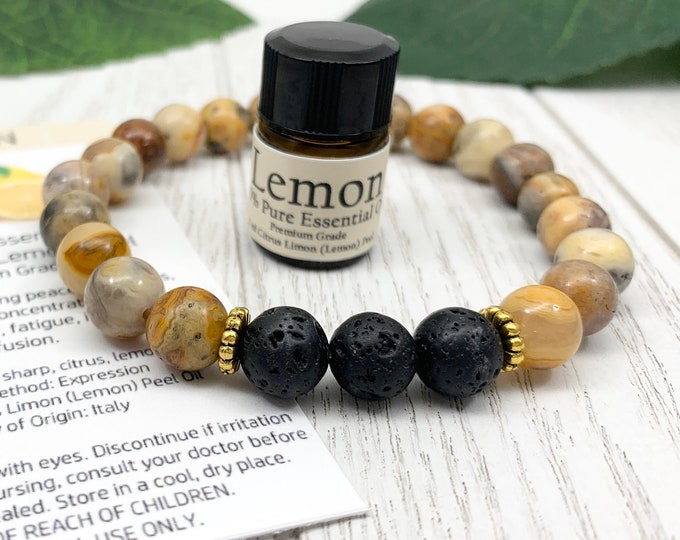 Yellow Crazy Lace Agate Oil Diffuser Bracelet, Lava Stone Diffuser, Aromatherapy Jewelry (8mm)