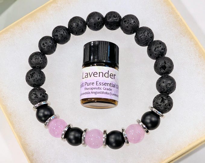 Black Onyx and Purple Lavender Quartz Oil Diffuser Bracelet, Lava Stone Diffuser, Aromatherapy Jewelry (8mm)