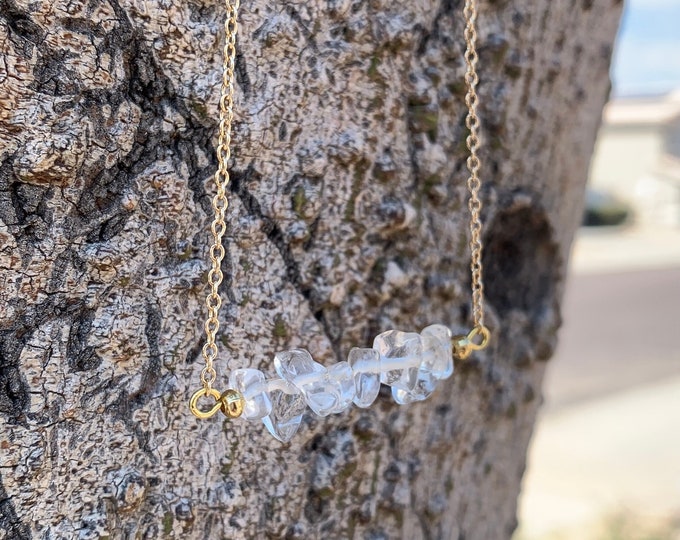 Dainty Gold Clear Quartz Chip Necklace - Minimalist Crystal 18in