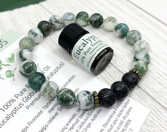 Agate Essential Oil Diffuser Bracelet, Handmade Green Beaded Gemstone Aromatherapy Jewelry