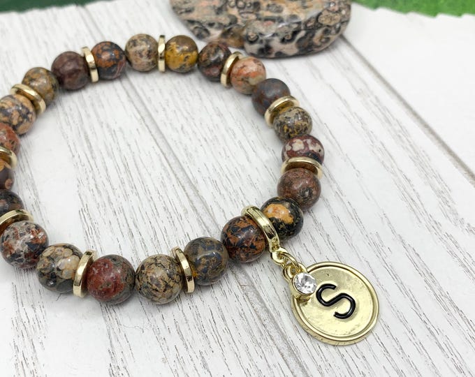 Personalized Leopard Skin Jasper Initial Bracelet — Custom Monogram Jewelry