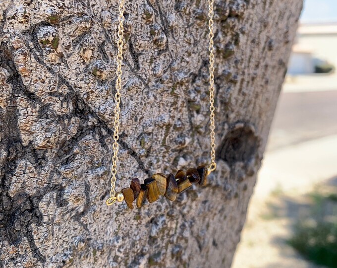 Dainty Gold Tiger’s Eye Chip Necklace - Confidence Protection 18in
