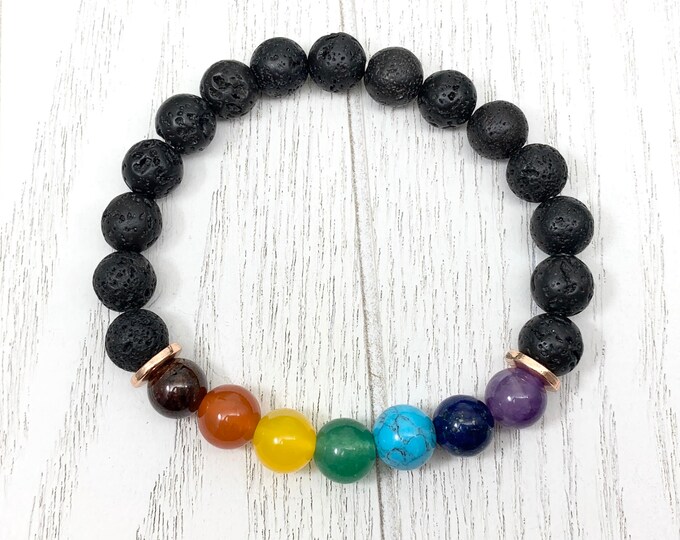 Rainbow Gemstone Bracelet - Lava Stone 8mm Amethyst, Lapis, Turquoise, Aventurine, Agate, Carnelian, Garnet
