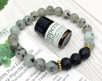 Kiwi Jasper Essential Oil Diffuser Bracelet, Handmade Green Beaded Gemstone Aromatherapy Jewelry