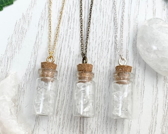 Clear Quartz Bottle Necklace, Delicate Gemstone Vial Pendant Jewelry