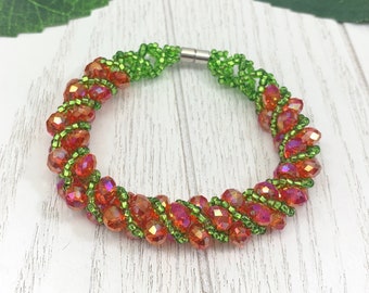 Handmade Crystal Beaded Bracelet with Orange & Green Spiral Glass Seed Beads, Magnetic Clasp