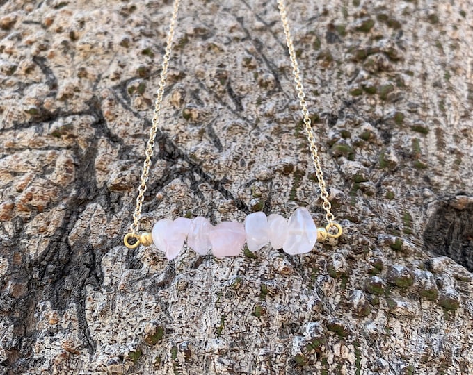 Dainty Gold Rose Quartz Chip Necklace - Minimalist Love Crystal 18in