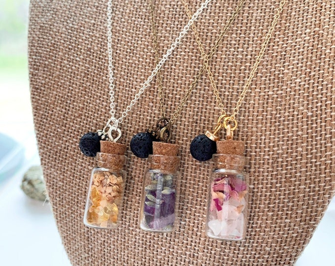 Crystal Herb Bottle Necklace — Rose, Citrine & Amethyst Vial Pendant