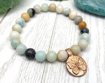 Copper Butterfly Charm Bracelet, Meaningful and Uplifting Gemstone Jewelry, Amazonite