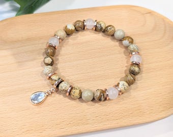 Custom Rose Gold Charm Bracelet with Picture Jasper & Clear Quartz