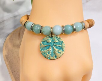 Dragonfly Charm Bracelet, Gold Bohemian Bug Jewelry, Amazonite and Sandalwood Gemstone