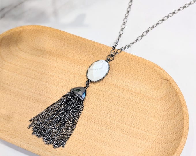 Long White Howlite Necklace — Dainty Gunmetal Chain & Gemstone Pendant Jewelry