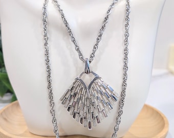 Vintage Crown Trifari Silver-Tone Double Strand Brutalist Fan Pendant Necklace – Signed Trifari Art Deco Statement Necklace