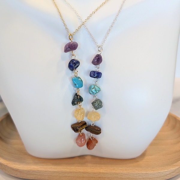 7 Chakra Stone Necklace | Raw Gemstone Meditation Necklace | Rainbow Gift | Healing Crystal Jewelry