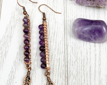 Amethyst Wire Wrapped Feather Earrings, Fun Handmade Purple Gemstone Bohemian Dangle Jewelry