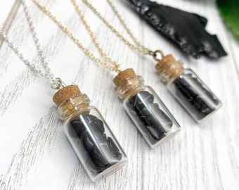 Black Obsidian Bottle Necklace, Delicate Vial Pendant, Boho Crystals Gemstone Jewelry Jar