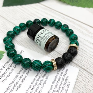 Malachite Essential Oil Diffuser Bracelet, Handmade Green Beaded Gemstone Aromatherapy Jewelry