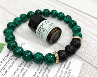 Malachite Essential Oil Diffuser Bracelet, Handmade Green Beaded Gemstone Aromatherapy Jewelry