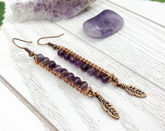 Purple Stone Amethyst Earrings | Boho Wire Wrapped Earrings | Amethyst Jewelry | Handmade Gemstone Earrings