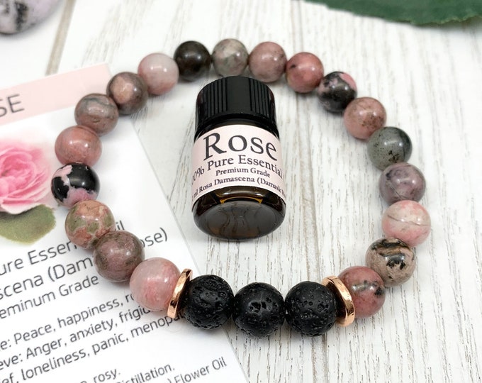 Pink Rhodonite Oil Diffuser Bracelet, Lava Stone Diffuser, Aromatherapy Jewelry (8mm)