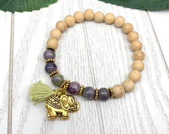 Purple Elephant Charm Bracelet, Handmade Bohemian Beaded Jewelry, Atlantisite and Sandalwood Gemstone