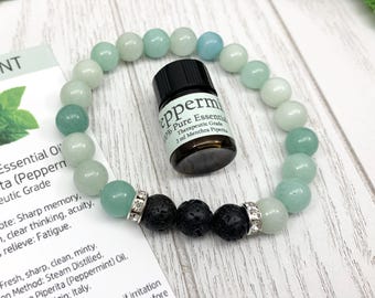 Amazonite Essential Oil Diffuser Bracelet, Handmade Beaded Gemstone Aromatherapy Jewelry