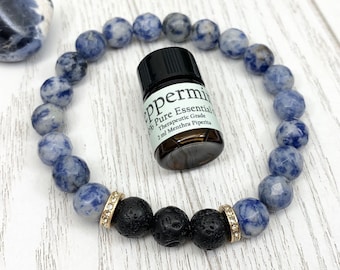 Sodalite Essential Oil Diffuser Bracelet, Handmade Blue Beaded Gemstone Aromatherapy Jewelry