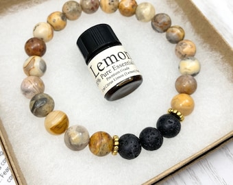 Agate Essential Oil Diffuser Bracelet, Handmade Yellow Beaded Gemstone Aromatherapy Jewelry