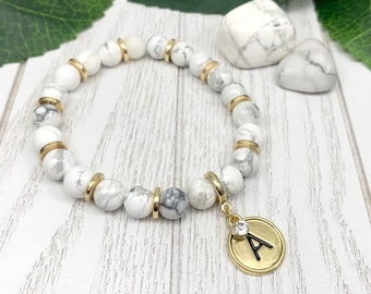 Howlite Initial Monogram Charm Bracelet, Personalized Gifts for Her, Monogram Letter Bracelet, Gemstone Jewelry