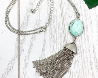 Green Kiwi Jasper Tassel Necklace, 18-20" Gold Gemstone Boho Jewelry