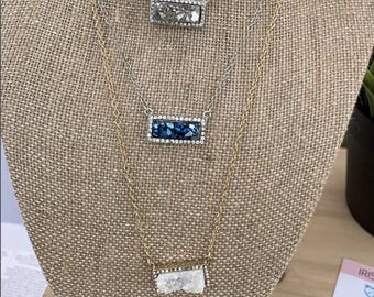 Quartz Crystal Pendant Necklace, 18" Dainty Druzy Necklace, Silver Aura, Cobalt Aura, Angel Aura or Gold Pyrite