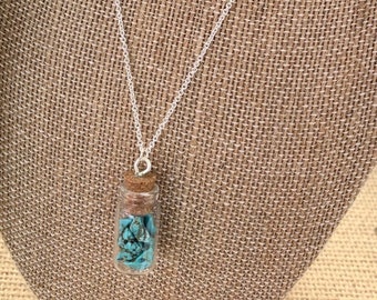 Turquoise Howlite Bottle Necklace, Delicate Vial Pendant, Boho Crystals Gemstone Jewelry Jar