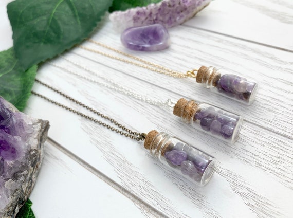 Amethyst Bottle Necklace • Dainty Amethyst Pendant Necklace • Minimalist Crystal Boho Jewelry • Necklace for Anxiety and Stress Relief