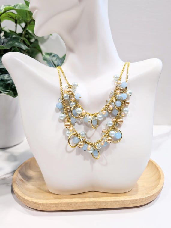 Sky Blue Quartz and Swarovski Crystal Necklace Gold Layered Chain Jewelry